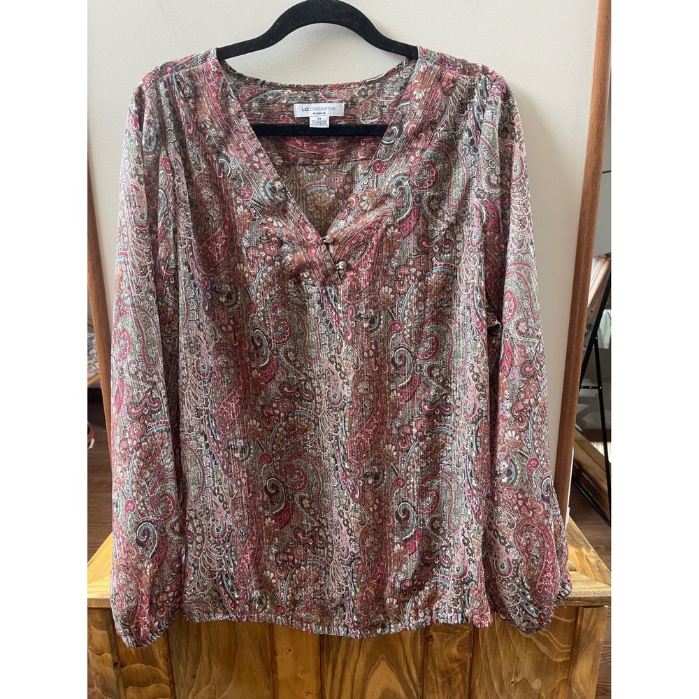 Liz Claiborne Paisley Blouse Woman 2X Multicolor Metallic Lurex Boho
